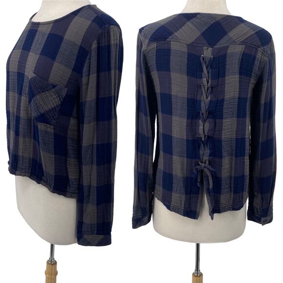 Anthropologie Cloth + Stone Gingham Plaid Top Lace Up Long Sleeve Navy Gray M - Picture 1 of 10